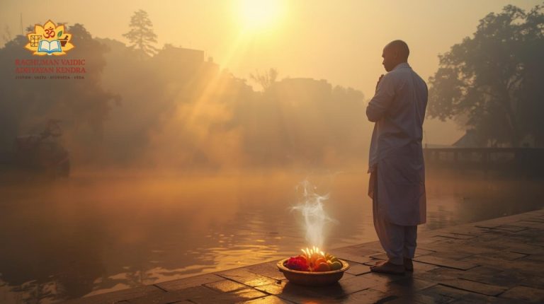 Devotee observing Vrat fasting with diya and kalash in temple setting