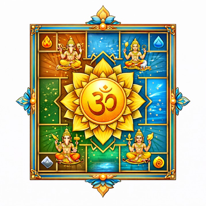 Vastu Shastra mandala and earth, water, and sky elements representing balance and positive energy.