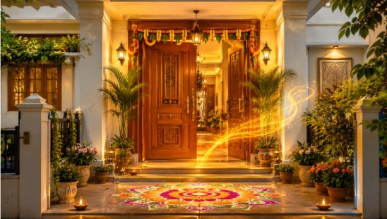 Beautiful Vastu-compliant main door with auspicious colors, rangoli, plants, and positive energy at home entrance.