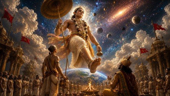 Lord Vishnu blessing King Bali during Devshayani Ekadashi after the Vamana Avatar, symbolizing devotion, surrender, and the beginning of Chaturmas in Hindu mythology.