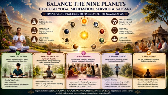 Balance the Nine Planets Naturally through Yoga, Meditation, Pranayama, Seva, Sadhana, and Satsang – Vedic practices for Navagraha balance, spiritual growth, mental peace, and holistic well-being.